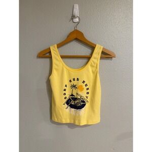 Hurley Tank Top Women Large Yellow Surf Skeleton Graphic Crop Scoop Neck